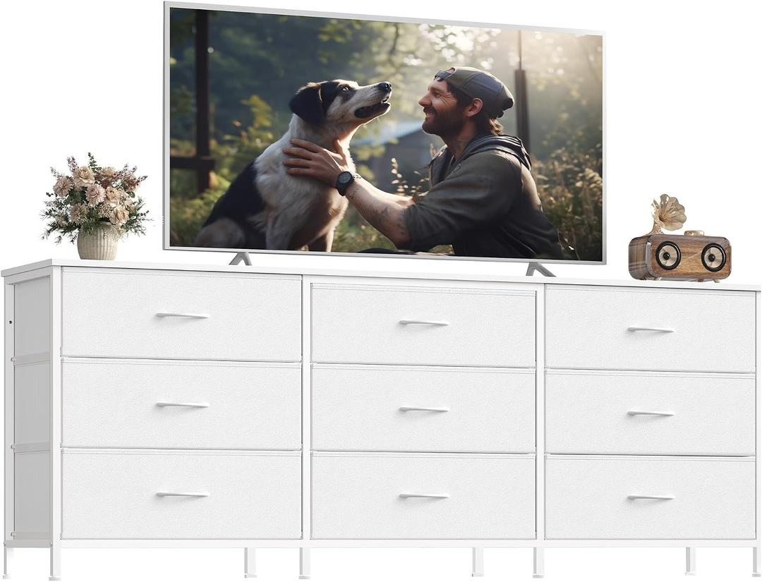 SONGMICS BELLAH Collection - Dresser for Bedroom, TV Stand for TVs Up to 70 Inches, Chest of Drawers for Living Room, Closet, Steel, 9 Drawers, Modern, Cloud White ULGS233WH02S