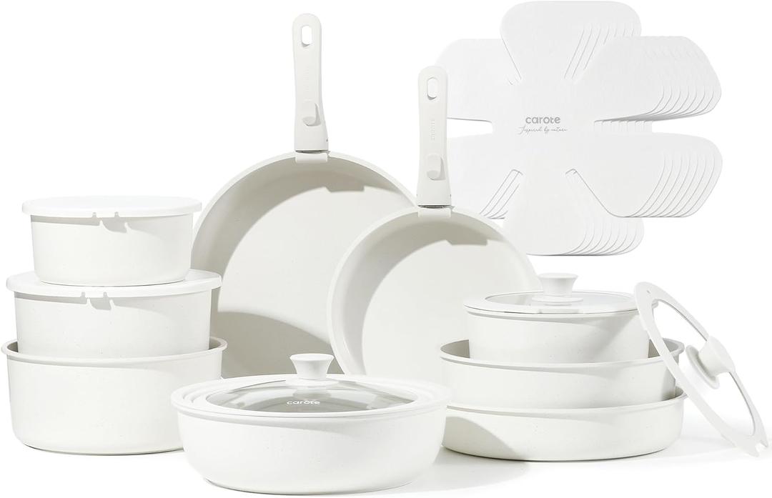 CAROTE 24pcs Detachable Handle Pots and Pan Set, Nonstick Induction Cookware, Removable Handle, RV Oven Safe Cookware, Cream White, A08834