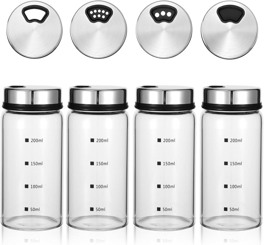 4Pcs Salt Pepper Shakers with Adjustable Outlet Holes, 7 oz Clear Glass Shaker Bottles, Salt Shakers for Kitchen, Spice Seasoning Cans for Kitchen Decor Home Restaurant BBQ Camping (200ML)