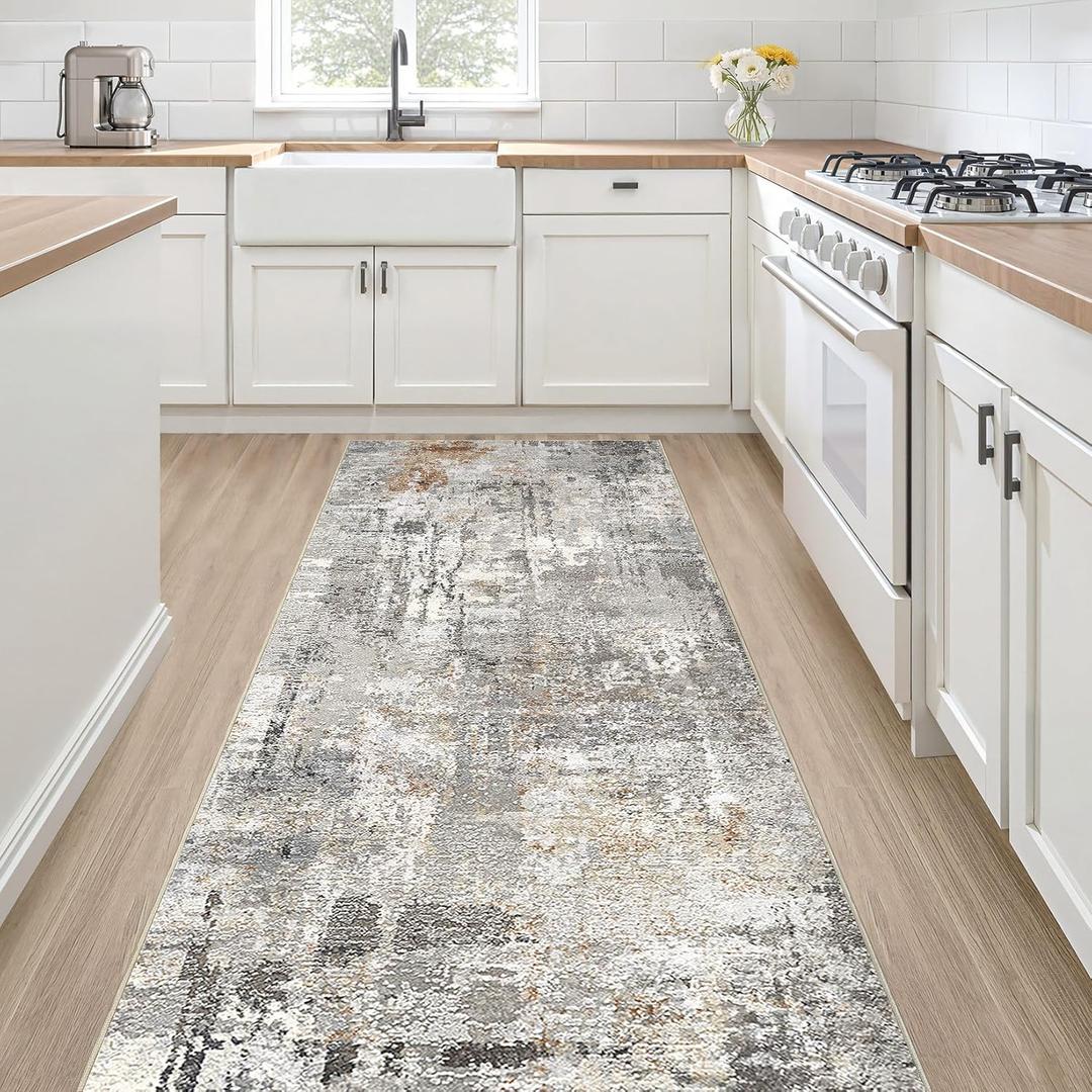 Runner Rug Kitchen Washable Rugs: 2x6 Non-Slip Abstract Soft Modern Stain Resistant Indoor Floor Neutral Accent Throw Carpet for Hallway Bathroom Laundry Room Entryway Bedroom- Gray Rust