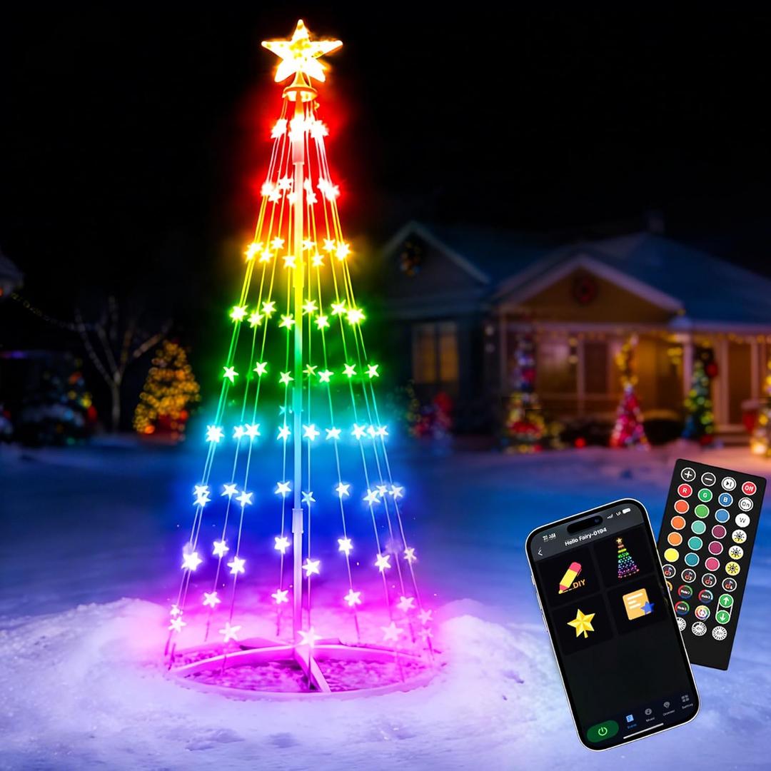 Smart Pre-lit Outdoor Christmas Tree, 7FT 57+ Patterns RGB Led Christmas Cone Tree with Star Lights, App & Remote Control, Music Sync, Color Changing Outdoor Xmas Decoration for Yard Display