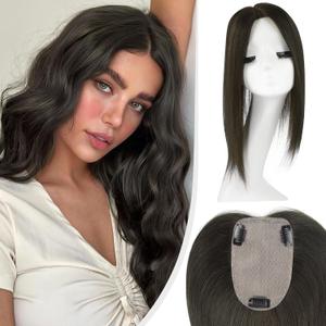 Hair Toppers for Women Real Human Hair,100% Unprocessed Virgin Human Hair Topper 14 Inch Large Silk Base Upgrade Hair Pieces for Women with Thinning No Bangs for Add Volume (Black Brown)