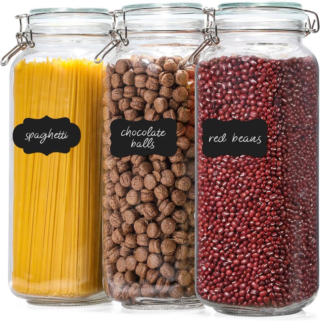 VITEVER [ Taller ] 92oz Glass Jars with Airtight Lid, Large Glass Food Storage Jars, 3 Pack Wide Mouth Airtight Glass Jars for Kitchen Pantry Spaghetti, Square Mason Jars with Labels