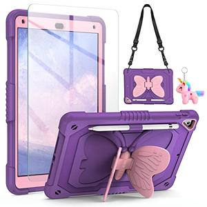 VOFUOE for iPad 6th/5th Generation Case with Screen Protector for iPad 9.7 Case 2018 2017 Butterfly Stand Strap Dolls Pencil Holder Kids Girls Hard Cover for iPad Pro for iPad Air 2th 9.7''-Purple, New With Broken Glass