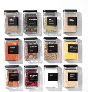 APT 1101 4 oz Glass Square Spice Jars with Labels, Glass Jars with Bamboo Lids, Spice Bottles, Seasoning Organizer, 12 Pack (Black)