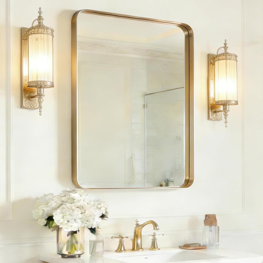 USHOWER Gold Bathroom Mirror 22"x30", Brushed Gold Rectangle Mirror for Over Sink, Aluminum Frame, Anti-Rust, Tempered Glass, Horizontal or Vertical Mounted, Champagne Gold (Neutral Gold)