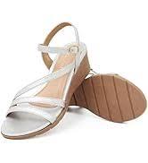Goldnut Women's Wedge Sandals Dressy - White Crisscross Strappy Low Wedges for Women Comfortable Sandals for Casual Party Wedding Size 7.5
