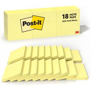 Post-it Notes, 3 in x 3 in, 18 Sticky Notes Pads, 100 Sheets per Pad, The Iconic Canary Yellow Note, School Supplies and Oce Products