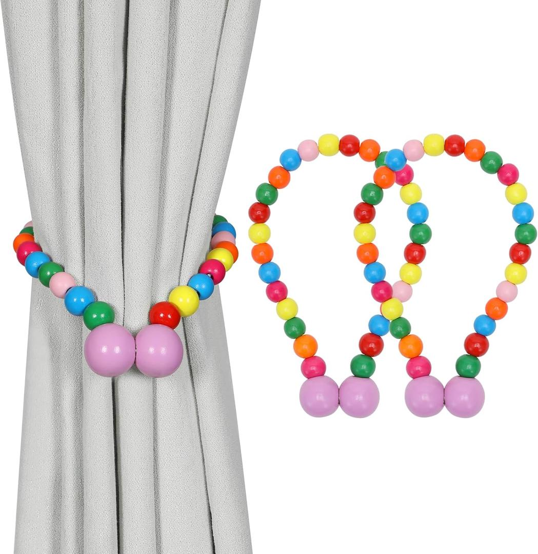 KLOGTSIND Magnetic Curtain Tiebacks, Curtain Tie Backs for Curtains 2 Pack, Wood Bead Curtain Tiebacks, Curtain Holders for Boho Bedroom Decor, Baby Nursery Decor, Farmhouse Dcor (Multicolor)