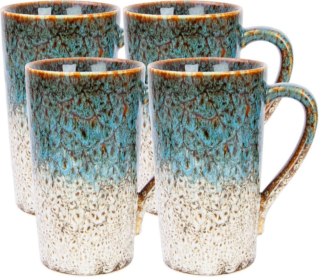 20oz Porcelain Coffee Mugs Set of 4, Large Tall Coffee Mugs with Handles, Modern Ceramic Coffee Cups for Tea, Cocoa, Milk, Gifts for Women Men - White & Blue