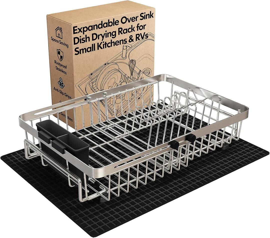 MAJALiS Dish Drying Rack Over The Sink with Utensil Holder, Mat | Expandable Stainless Steel Dish Drainer for Small Kitchen, Apartment, RV, Counter Space Saving, Perfect Fit, Rustproof, For 13"-30" W Sink with Mat