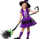 KukuFun Halloween Cute Purple Witch Costume Deluxe Set for Toddler Girls, Bat Outfit Dress with Witch Hat & Magic Broom (S(ages 3-5))