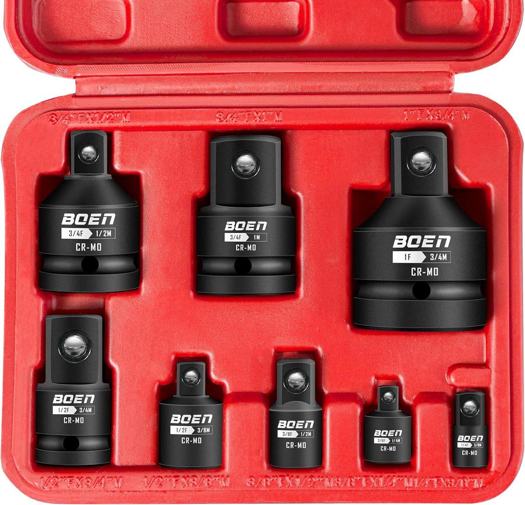 BOEN 8 Piece Impact Socket Adapter and Reducer Set, 1/4" 3/8" 1/2" 3/4" Drive Socket Adapter Set with Durable Case for Impact Driver Conversions (Upgraded) (8PCS CR-MO)