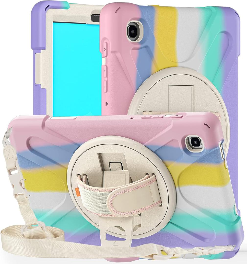 KIQ Case for Samsung Galaxy Tab A7 Lite 8.7'' with Screen Protector Rotating Hand Strap Kickstand Samsung Galaxy Tab A7 Lite Tablet Case Kid Proof 2021 SM-T220/T225/T227 (Shield Pastel Rainbow)