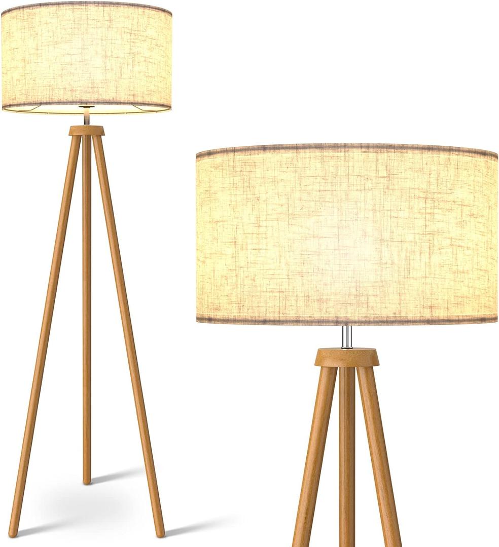 LEPOWER Wood Tripod Floor Lamp, Mid Century Standing Lamp for Living Room, Flaxen Lamp Shade, Modern Design Standing Lamp with E26 Base, Tall Floor Light for Bedroom, Study Room and Office Brown