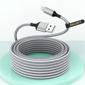 20FT Extra Long USB A to Lightning Charger Cable for iPhone,Apple MFi Certified Charger Cord, 6M Fast Charging Nylon Braided Charge Cord for iPhone 14 Pro Max/14/13Pro/12/11/X/XS/XR/8/7/6/iPad-Gray (Silver)