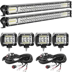 LED Light Bar Kits for Truck, 2 Pcs 20 Inch Spot Flood Beam Slim Light Bars, 4 Pcs 4 Inch LED Pods, 12V 24V Off-Road Driving Work Fog Lights for SUV ATV Tractor Pickup Golf Cart with Wiring Harness