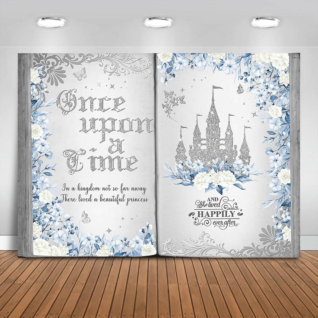 Once Upon a Time Backdrop 7x5ft Blue Floral Silver Castle Princess Fairy Tale Book Birthday Background Party Decorations for Girl Opening Magic Book Romantic Story Wall Decor Banner