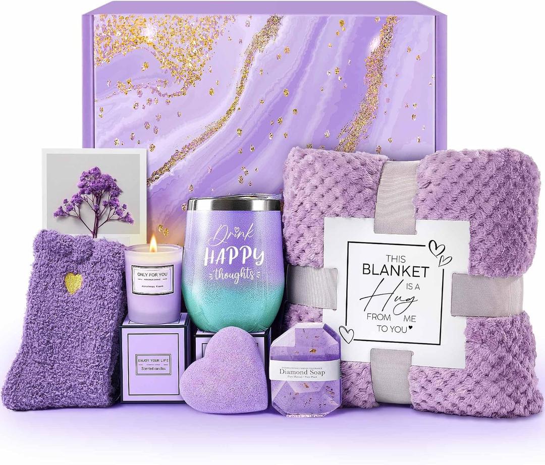 LE CADEAU Mothers Day Birthday Gifts for Mom Grandma Wife Girlfriend Friends Sister, for Women, Self Care Get Well Soon Gifts, Lavender Relaxing Spa Gift Basket Care Package w Blanket
