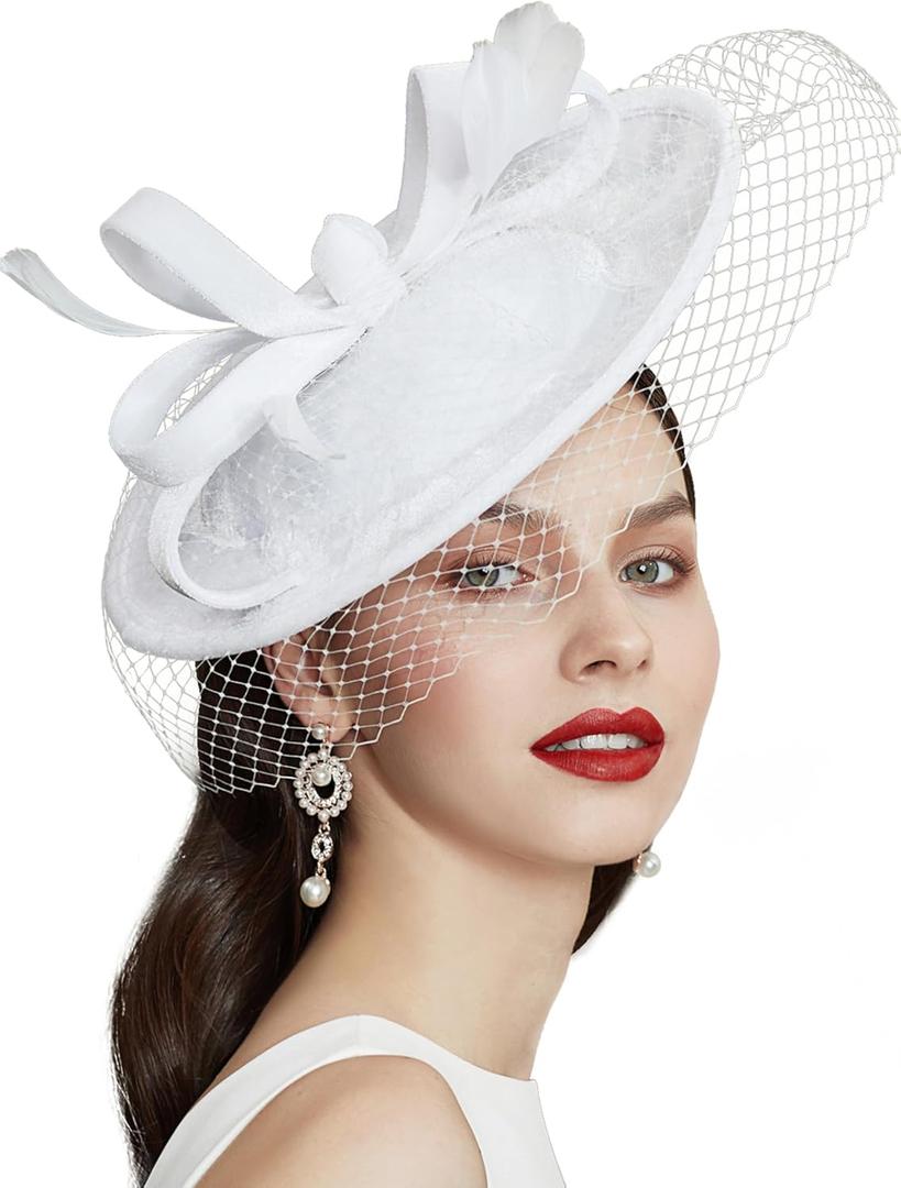 BABEYOND Tea Party Fascinator Kentucky Hat Fascinator Cocktail Pillbox Hat Derby Headband (White)
