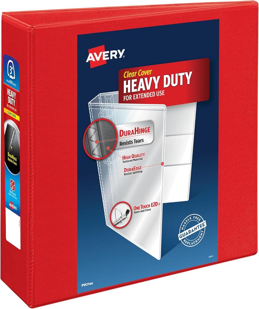 Avery Heavy-Duty View 3 Ring Binder, 3 Inch One Touch EZD Rings, 3.5 Inch Spine, 1 Red Binder (79325)