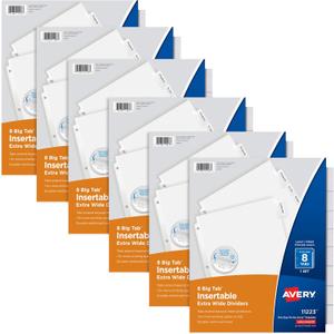 Avery Big Tab Extra-Wide Insertable Clear Tab Dividers for 3 Ring Binders, 8-Tab Set, White, 6 Sets (11254)