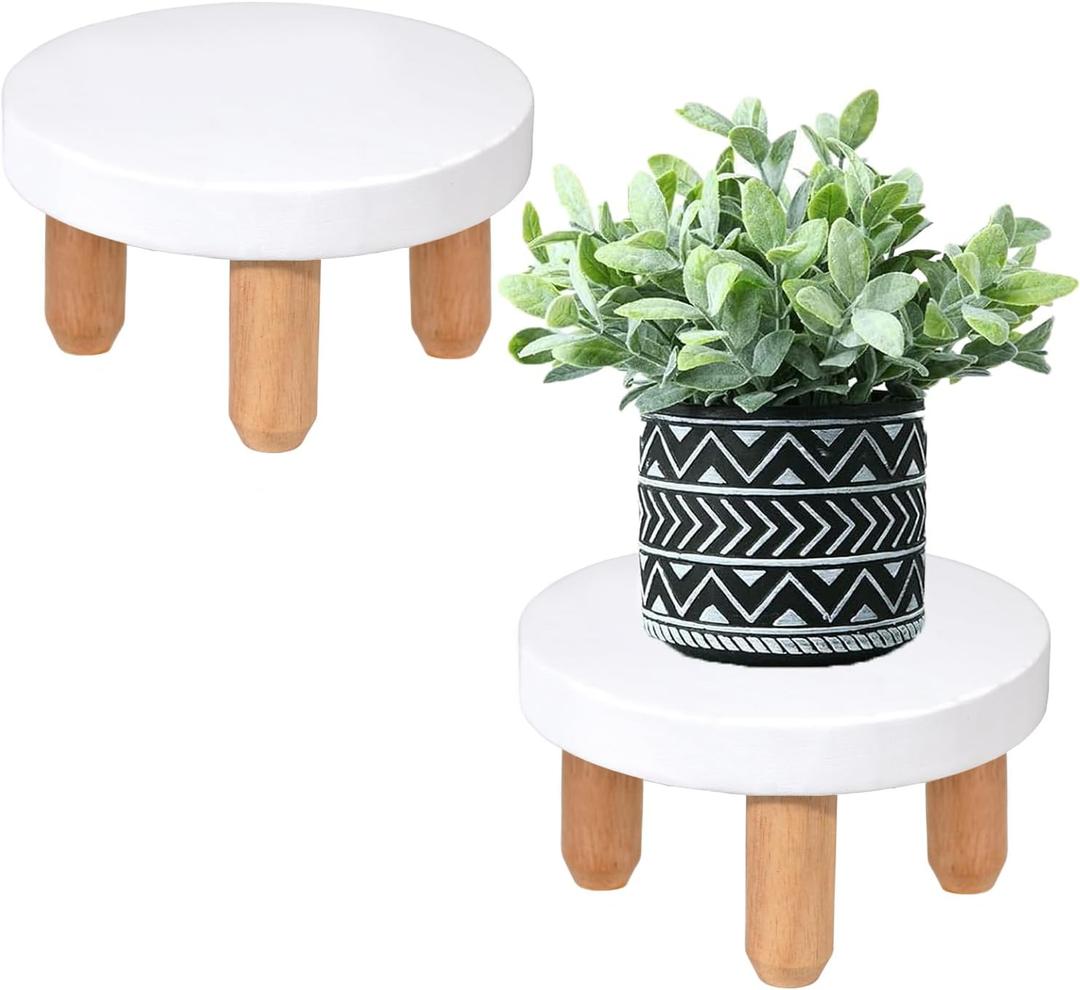ARTORA Small Wooden Riser, Decorative Round Wood Desktop Plant Stand Mid Century Kitchen Counter Pedestal Stand for Centerpiece Pet Bowl Holder (White, 2 Pack)