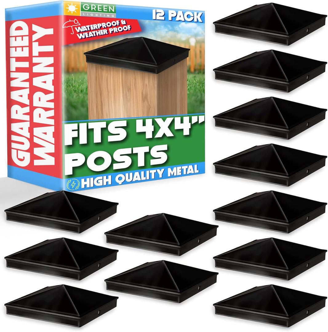 GreenLighting 4x4 Aluminum Pyramid Post Cap Cover (Black 12 Pack) Fits 4x4 Nominal Wood (True 3.5 x 3.5) Powder Coated Matte Outdoor Post Caps Cover, Fence Wood Post, Decking, Waterproof