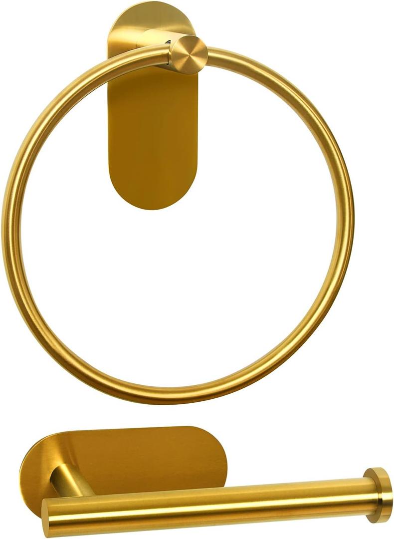 Self Adhesive Towel Ring And Toilet Paper Holder, Stainless Steel Bathroom Hardware Set (Gold)