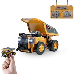BRRRRT 1/64 RC Dump Truck,Mini Dump Truck Toy,8-Channel Remote Control Toy with Metal Bed & Light, RC Construction Vehicles,Type-C Built-in Battery,Birthday Gifts for Boys and Girls Age 3+