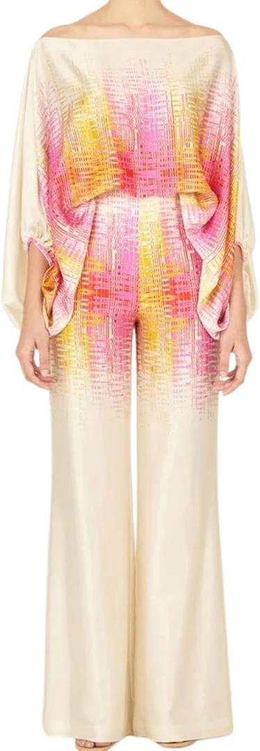 REASERAL Womens Fall Loose 2 Piece Outfits Off Shoulder Printed Long Sleeve Casual Going Out Wide Leg Pants Set (Medium)