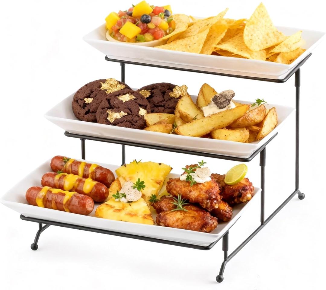 Gomakren 3 Tier Serving Trays Stand Porcelain Serving Platters 12 Inch White Serving Plates Dinner Platters for Appetizer Snack Fruit Cup Cake Tray Display Christmas Serving Dishes for Entertaining (15.9" x 11.7" x 9.1", Black)