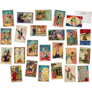 Vintage Patriotic Postcards - 24 Vintage Postcards - Assorted Retro Postcards on Antique Textured Style Cardstock - 4th of July Cards, Labor Day Cards, Memorial Day Cards, Veterans Day Cards