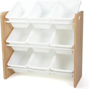 Humble Crew Toy Storage Organizer with 9 Removable Storage Bins for Kids Playroom, 3-Tier Toy Organization, Natural Wood/White