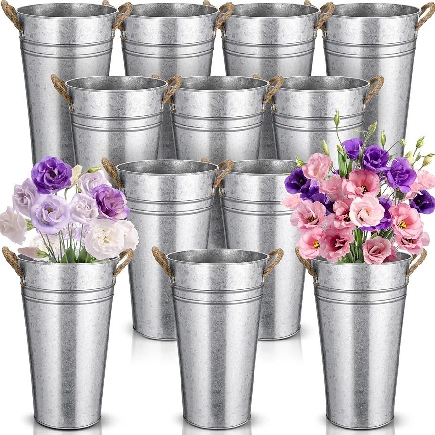 Bokon 12 Pcs 12 Inch Flower Buckets Bulk Wedding Bar Supplies Galvanized Large Farmhouse Metal Vase for Cut Flower with Handle Planter Sparkler Tin Holder French Centerpiece Florist Rustic Pail