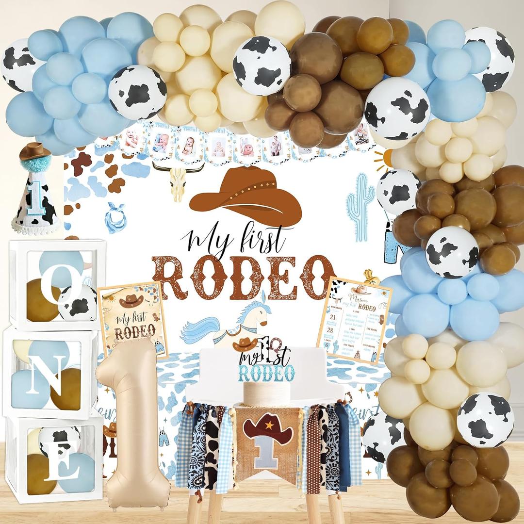 Cowboy 1st Birthday Party Decorations, My First Rodeo Party Supplies, Cowboy 1st Bday Balloon Arch Balloon Box Photo Banner Highchair Banner Crown