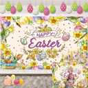Happy Easter Decorations Banner Watercolor Painting Bunny Colorful Eggs Easter Photography Backdrop Spring Egg Hunt Party Decorations Banner(7x5FT210x150cm)