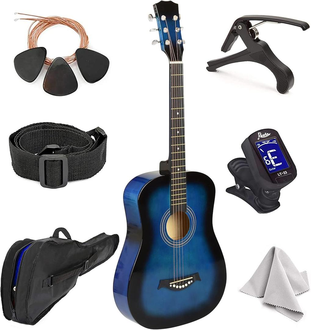 MasterPlay Classical Acoustic Guitar for Kids - 30" Beginner Guitar Kit: Bag, Tuner, Strap, Extra Strings, Picks, Wash Cloth, Capo (Bluburst) (Blueburst)