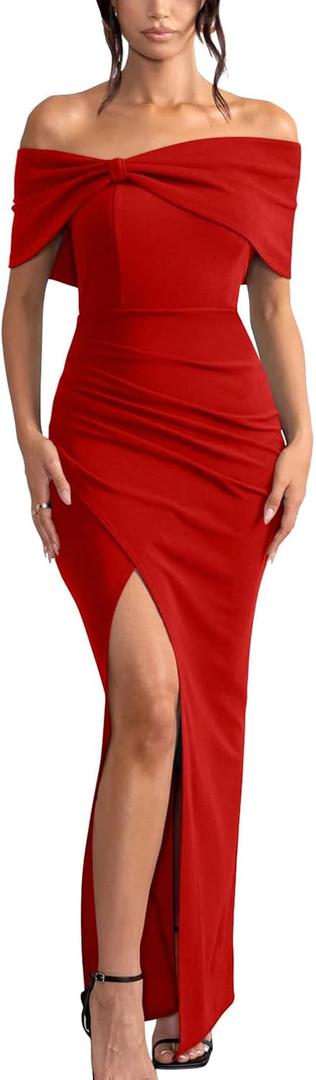 GOBLES Women's Elegant Strapless Ruffle Shoulder Short Sleeve Side Split Bodycon Ruched Formal Dress, L