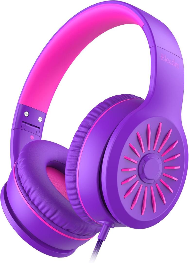 ELECDER i45 Headphones Wired, On-Ear Headphones with Microphone, Foldable Stereo Bass, 1.5M No-Tangle Cord, Portable 3.5MM Headset for School Kids Teens Smartphones Computer PC Tablet Travel, Purple