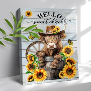 TavoIinda Western Retro Highland Cow and Sunflower Canvas Wall Art, Farmhouse Cow Flower Bathroom Decor, Framed Rustic Cattle Print Painting Pictures for Bathroom Decoration