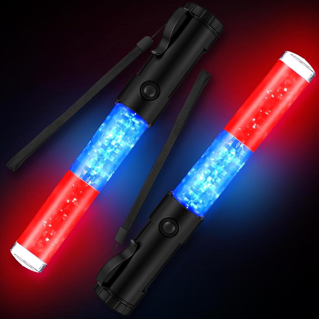 Weewooday 2 Pack 11 Inch Safety Air Traffic Control Wands, LED Signal Traffic Wand Flashlight Control Safety Baton Flashlight Signal Wand for Parking Guides, Aircraft, Car Directing(Red and Blue)