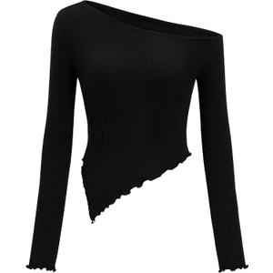 Zenlonr Womens Long Sleeve Shirts Fall Outfits 2025 Off The Shoulder Tops Asymmetrical Fitted Knit T Shirts Going Out Tops (Small, Black)