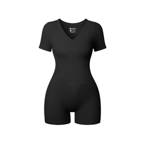 OQQ Women Rompers Short Sleeve V Neck Summer Casual Stretch Overalls Shorts Jumpsuit 2025 Clothes (Black,Small)