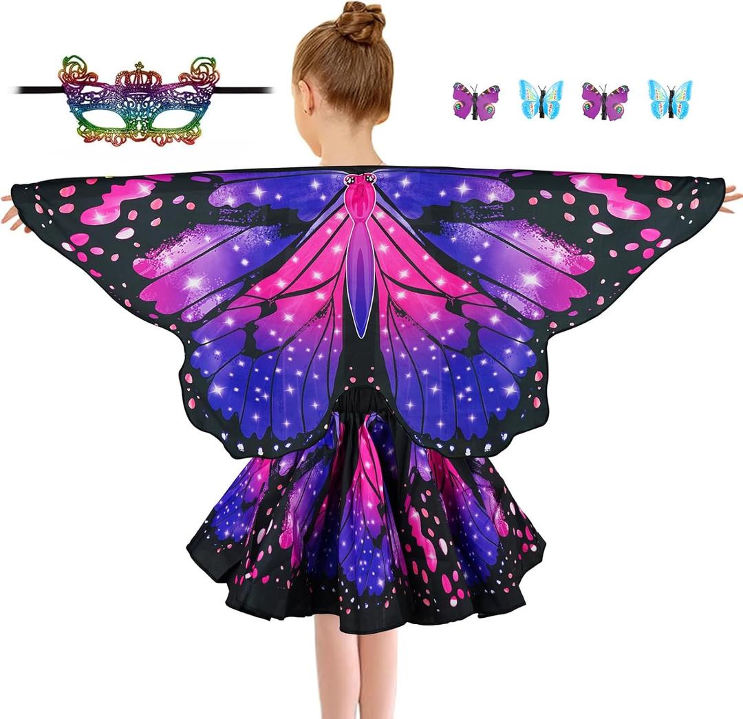 Butterfly Costume for Girls Fairy Wings Kids 4 Pcs(Cape,Skirts,Masks,Hair Clips) Butterfly Wings for Halloween Gifts (Starry Sky Purple Set)