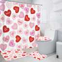 4Pcs Valentines Shower Curtain Set for Bathroom, Pink Red Heart Valentines Bathroom Sets Sweet Heart Decor Set with 12 Hooks Include Non Slip Rugs, Toilet Lid Cover, Bath Mat, Shower Curtain