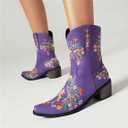 CRYSIGNE Women Flower Embroidered Ankle Cowgirl Boots Square Toe Western Boots Chunky Heel Pull On Short Boots 9