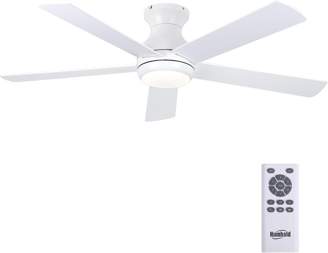 52" Flush Mount Ceiling Fans with Lights and Remote Control, Brushed Nickel, 6 Speeds Reversible DC Motor, 5 Blades Low Profile Ceiling Fans LED Light for Bedroom/Living Room (White)