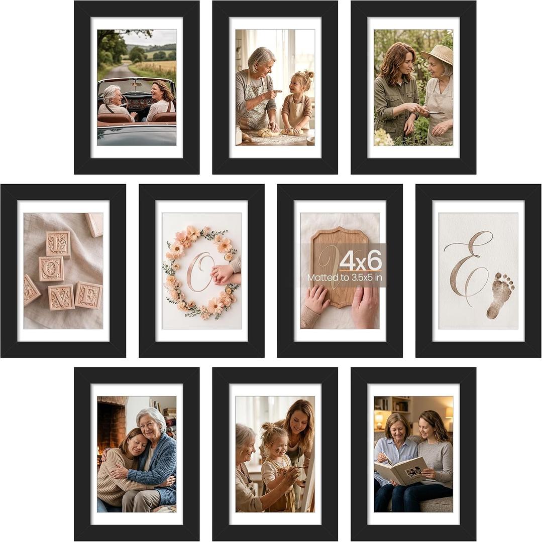 upsimples 4x6 Picture Frame Set of 10, Display Pictures 3.5x5 with Mat or 4x6 Without, Multi Photo Frames Collage for Wall or Tabletop Display, Black