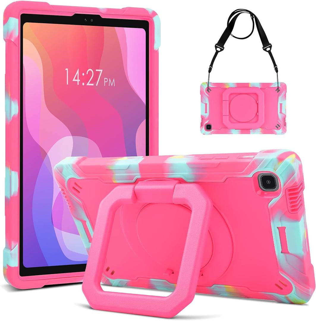 DETUOSI Case for Samsung Tab A7 Lite 8.7 inch 2021 Release SM-T220/T225/T227u, Shockproof Protective Cover for Galaxy Tab A7 Lite 8.7 inch (360Rotatable Stand & Shoulder Strap), Camouflage Rose Red